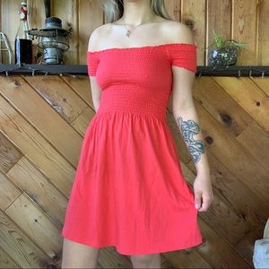 Red shirred off the shoulders dress - Billabong
